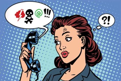 Graphic style 1930s woman holding a phone with expletives talk bubble