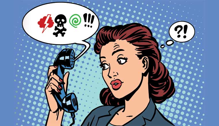 Graphic style 1930s woman holding a phone with expletives talk bubble